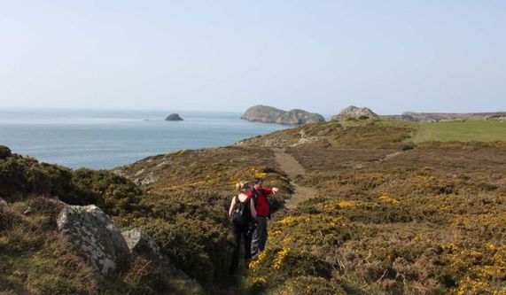 Two friends enjoy a leisurely walk on a coastal path, with the ocean gently lapping nearby.